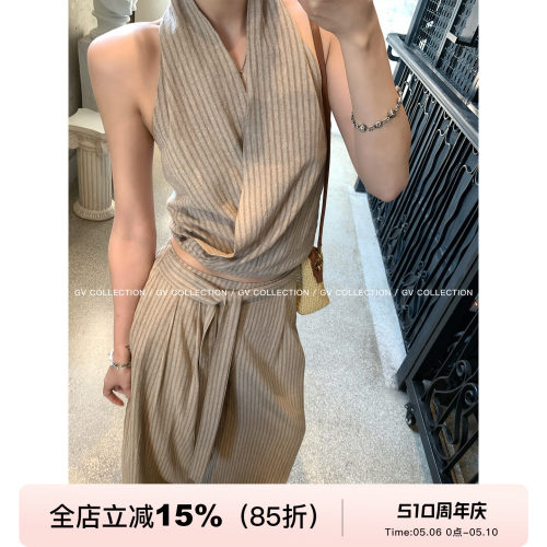 亚麻莱赛尔挂脖上衣阔腿裤两件套