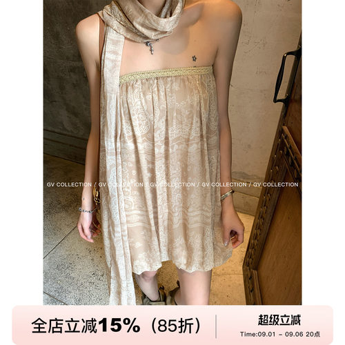 网纱抹胸花苞上衣连衣裙含围巾