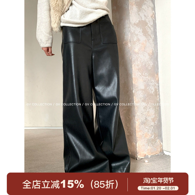 GV大白哥 拽姐线条感 立体口袋直筒阔腿皮裤秋季穿搭新款裤子女,女装/女士精品,休闲裤,淘宝优惠券,粉丝福利购,淘宝优惠卷