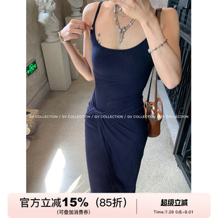 GV大白哥 收腰坑条连衣裙直筒方领显瘦吊带裙女 简约fit 纽结修身