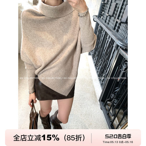 翻领蝙蝠袖不规则毛衣上衣