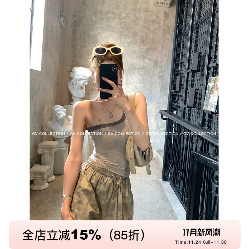 GV大白哥 极简入夏 棉感螺纹舒适斜肩背心设计感休闲无袖上衣女夏