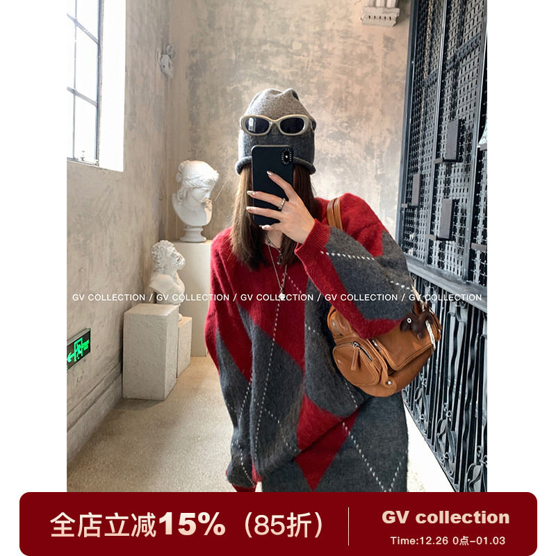 GV大白哥 英伦学院派 节日氛围感宽松套头V领毛衣A字半裙套装女冬