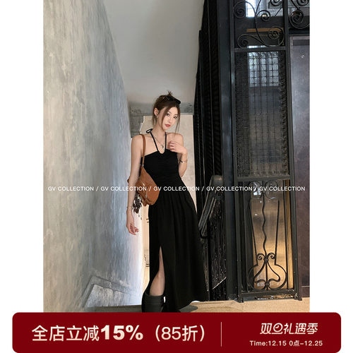 GV大白哥 暗黑Onepiece 细肩带挂脖抹胸褶皱连衣裙性感宴会小黑裙