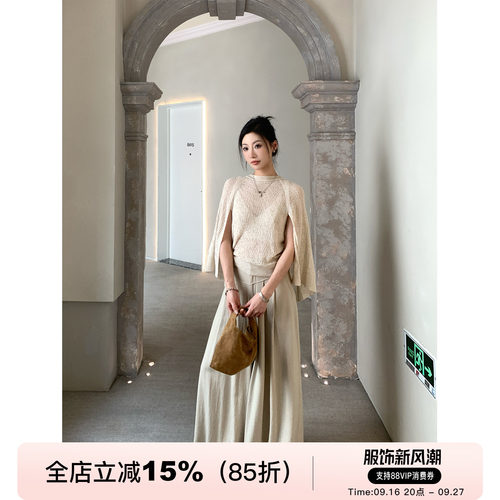 无袖披肩设计感假两件微透上衣
