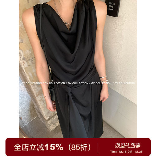 GV大白哥 Venus氛围 荡领缎面收腰系带连衣裙优雅无袖法式长裙女