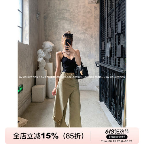 GV大白哥 高阶私服 设计裁片斜边不规则牛仔裤直筒宽松休闲长裤女