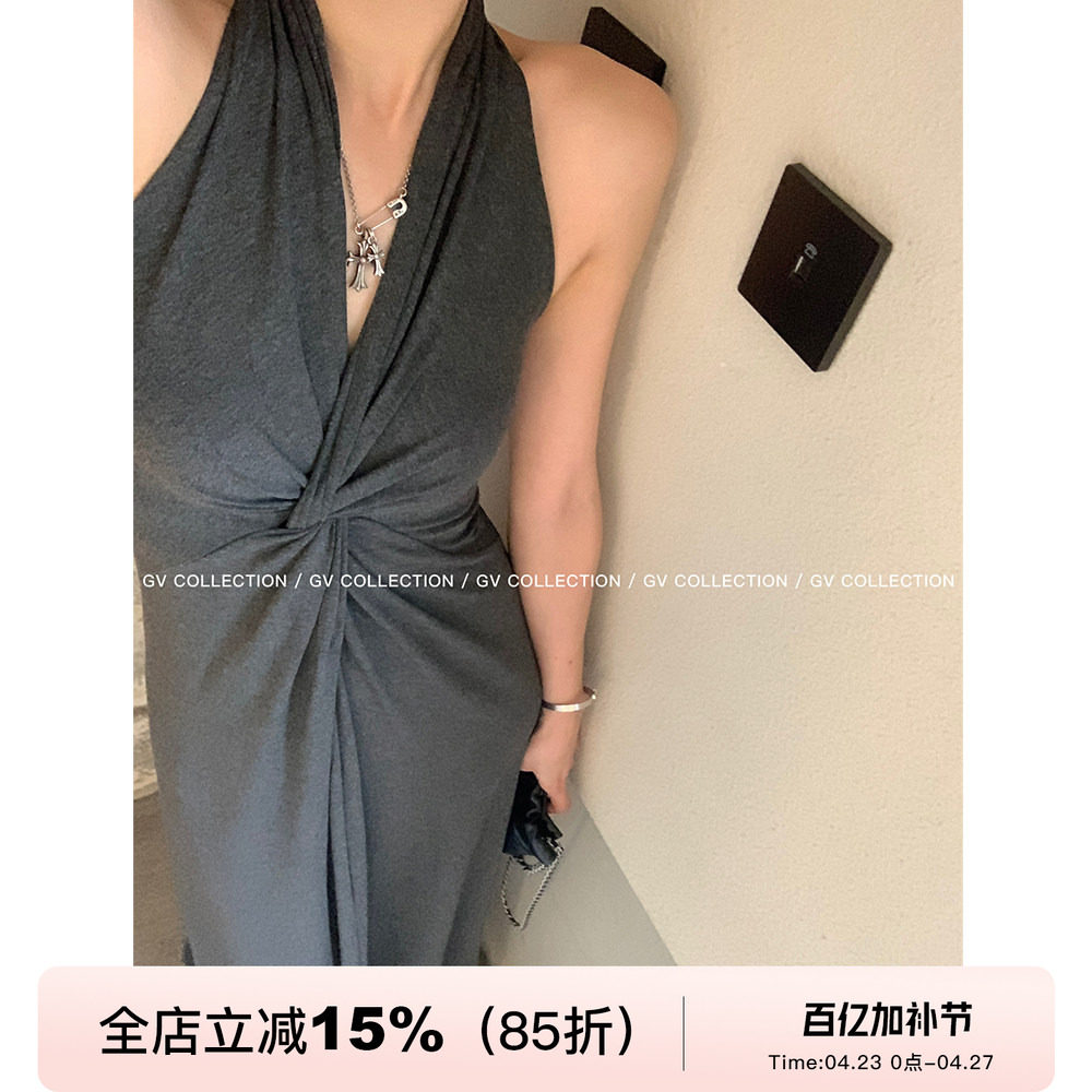 GV大白哥 m1u系艺术生 纽结挂脖修身人棉连衣裙设计感褶皱V领长裙