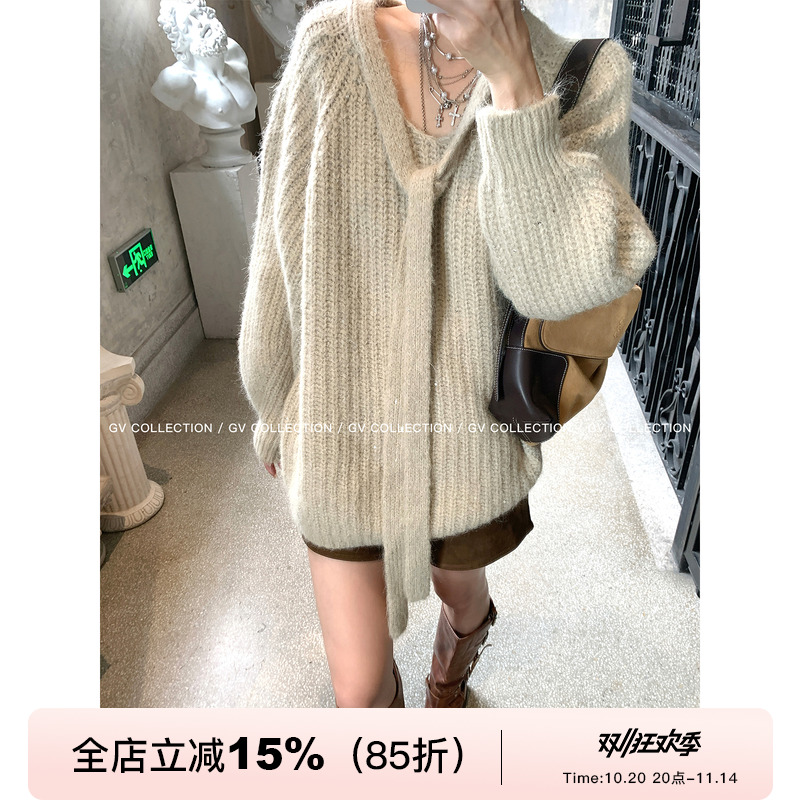 飘带闪片棒针廓形松弛毛衣上衣