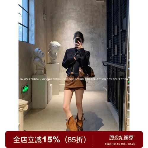 双层解构麂皮半身裙裙裤