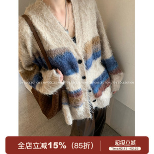 GV大白哥Vintage腔调配色 软软撞色毛衣开衫美拉德宽松针织上衣女