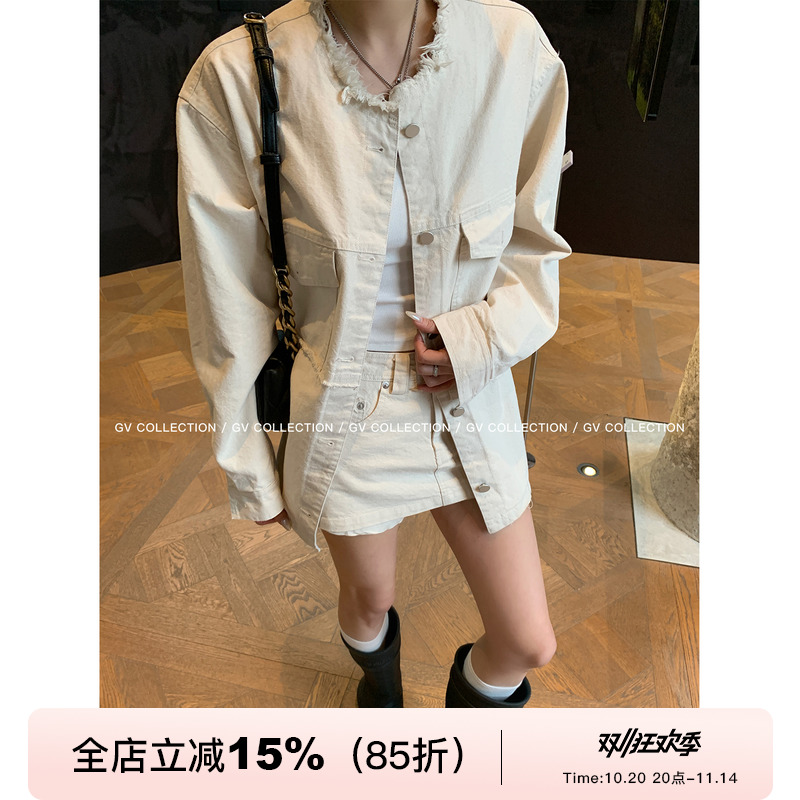 水洗牛仔撕破外套上衣半裙套装