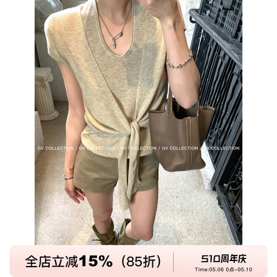 美丽诺羊毛假两件打结短袖上衣
