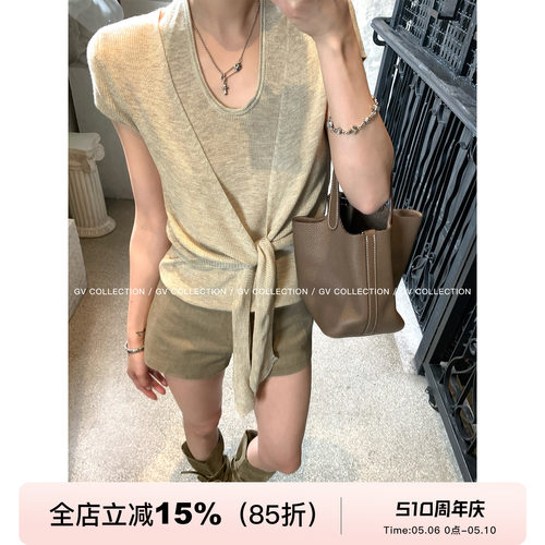 美丽诺羊毛假两件打结短袖上衣