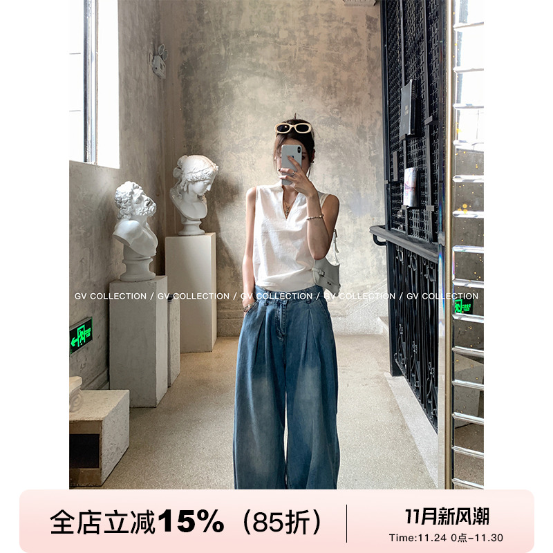 薄款水洗休闲拖地牛仔裤