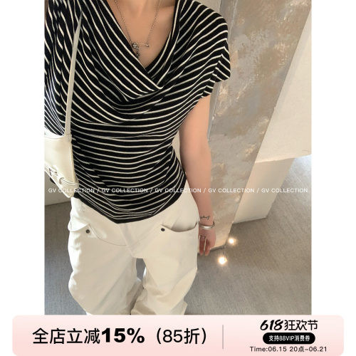 天丝莱赛尔荡领短袖松弛条纹上衣