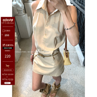 GV大白哥 复古港腔 天丝亚麻立领收腰复古连衣裙夏季新款女夏裙子