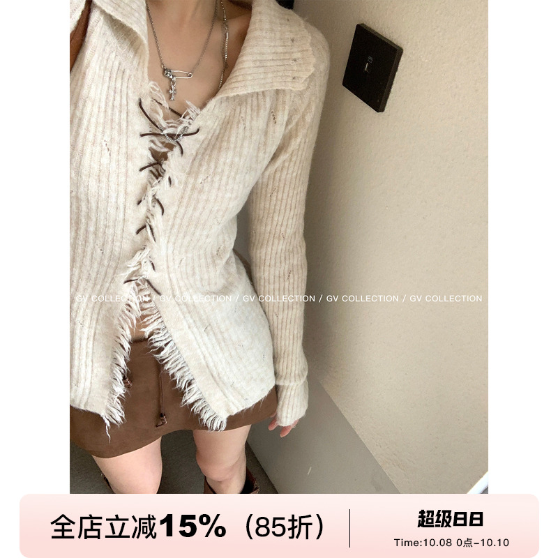 麂皮系带翻领复古针织上衣