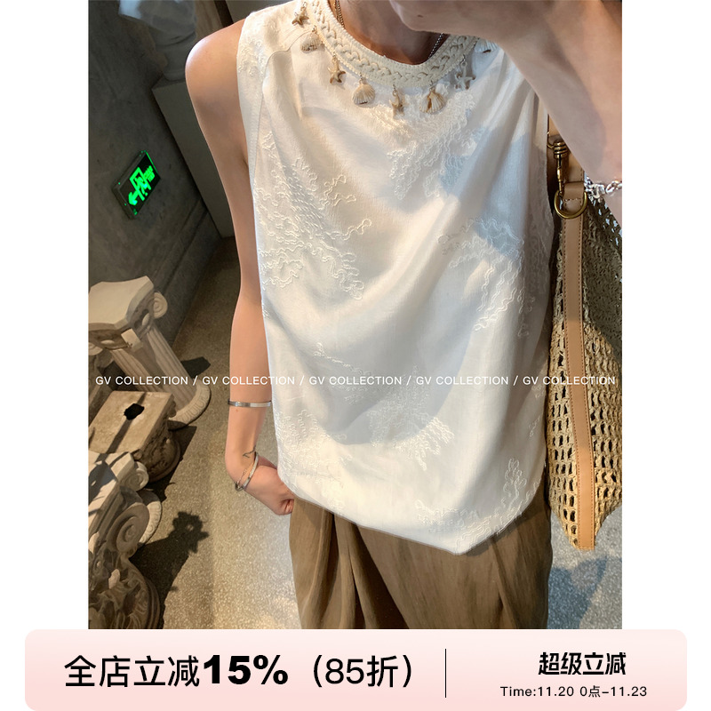 GV大白哥 度假沙滩 天丝重工编织花边刺绣背心凉感无袖上衣女夏