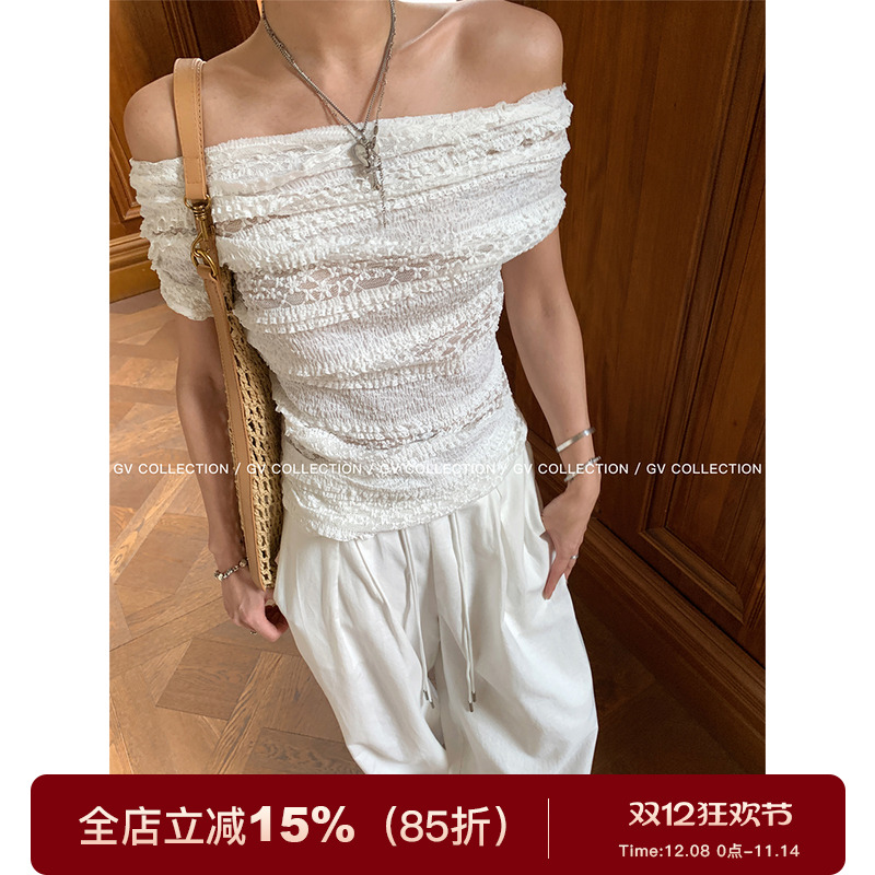 GV大白哥 层层质感 一字肩蕾丝蛋糕短袖上衣收腰显瘦休闲小衫女夏