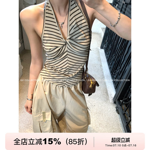 弹力挂脖露背莱赛尔纽结显瘦背心