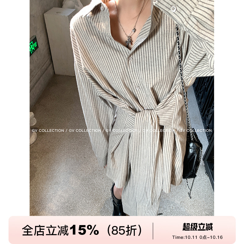 GV大白哥 25SS私服 设计感宽松休闲风连衣裙系带收腰条纹衬衫裙女