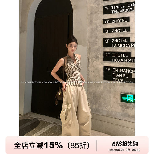 大阔腿口袋工装抽绳轻薄休闲裤