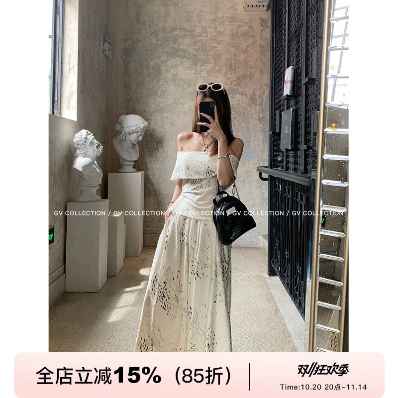 GV大白哥 周末画廊 多穿抽象图案印花一字肩上衣阔腿休闲裤套装女