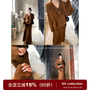 秋冬新款 v领针织松弛上衣半身裙套装 设计感女 松弛美学 GV大白哥