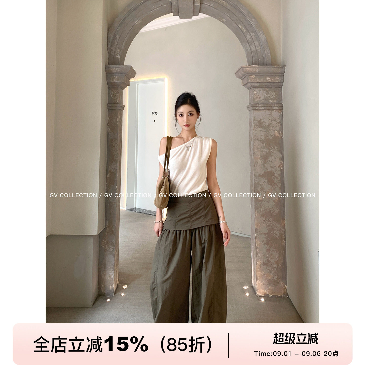 斜肩纽结天丝亚麻透气针织上衣图片