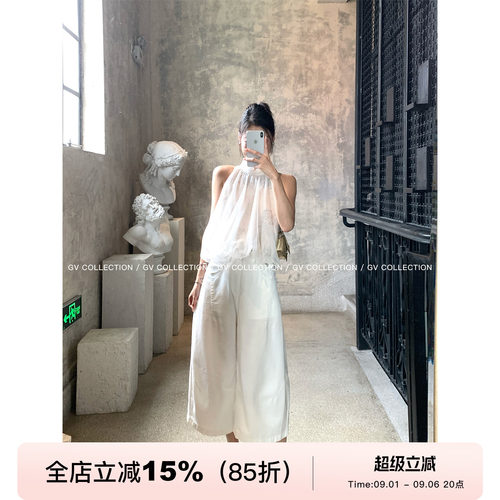 削肩双层纱花苞无袖上衣