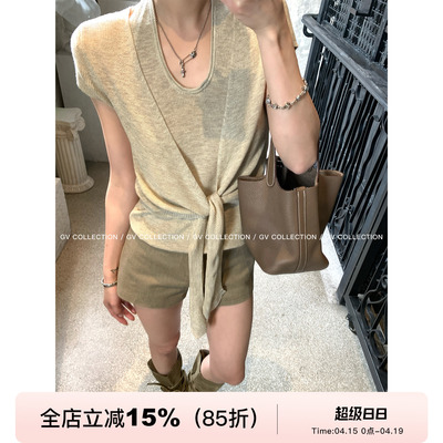 美丽诺羊毛假两件打结短袖上衣