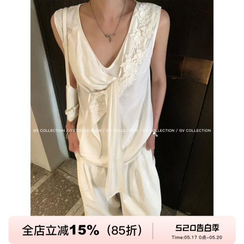 立体刺绣花朵系带亚麻V领背心