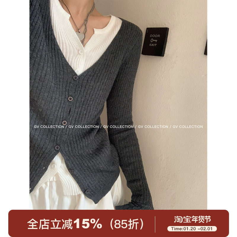 GV大白哥 RL智系 针织撞色假两件开衫上衣秋季新款百搭女设计感,女装/女士精品,毛针织衫,淘宝优惠券,粉丝福利购,淘宝优惠卷