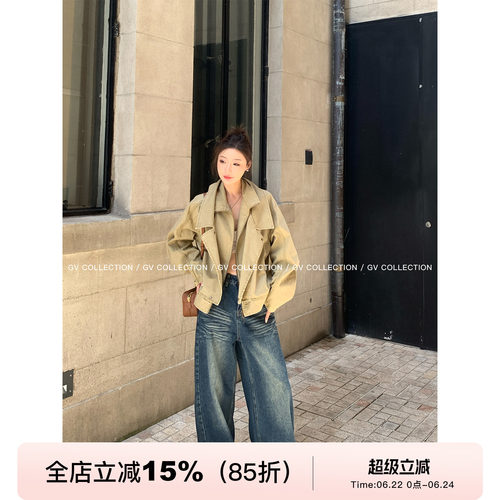 水洗卡其复古短款牛仔外套