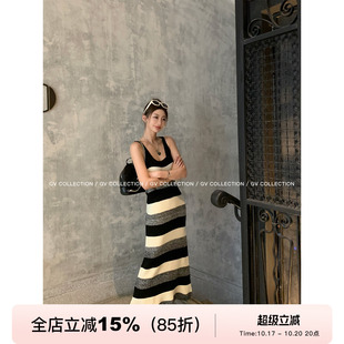 GV大白哥 简约配色 毛衣针织条纹撞色毛衣连衣裙秋款设计感裙子女