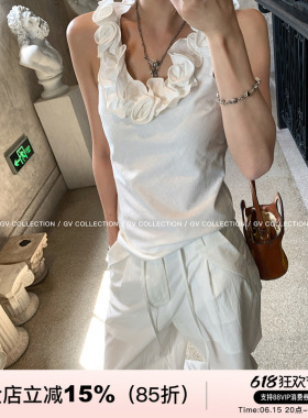 GV大白哥 顽皮法式 小众风格立体花朵无袖背心夏日休闲出街上衣女