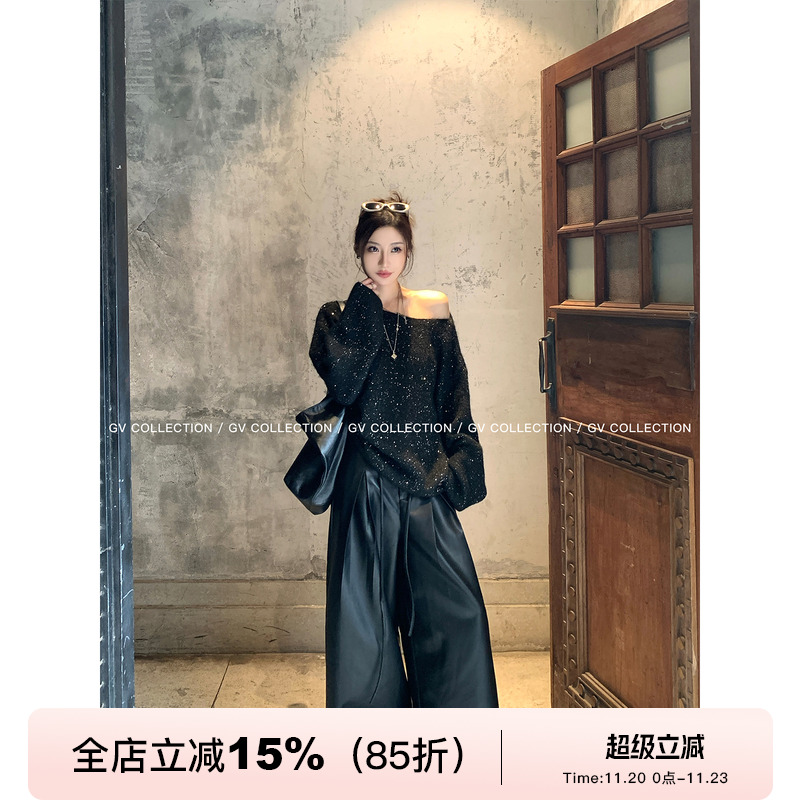 肌理松弛阔腿仿羊皮抽绳拖地皮裤