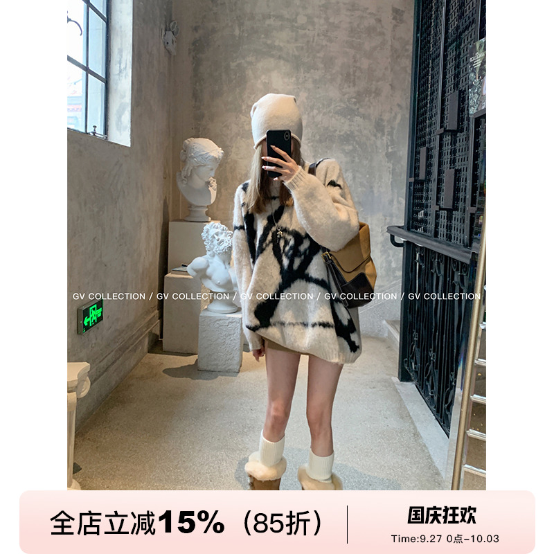 GV大白哥 抽象主义 慵懒氛围长拉毛油画线条毛衣圆领套头针织衫