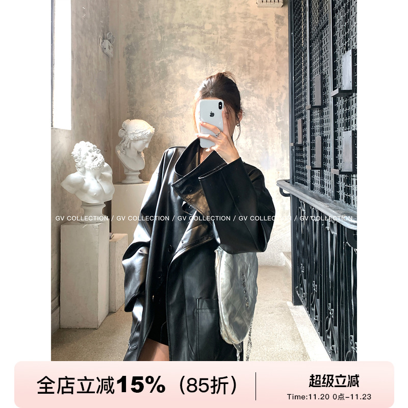 廓形翻领立领两穿皮衣外套