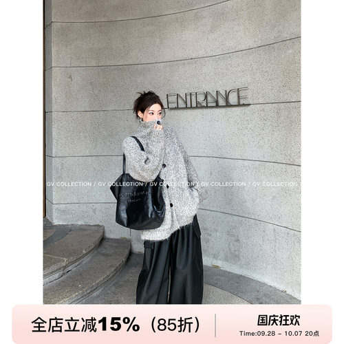 翻领立领混色棒针廓形毛衣