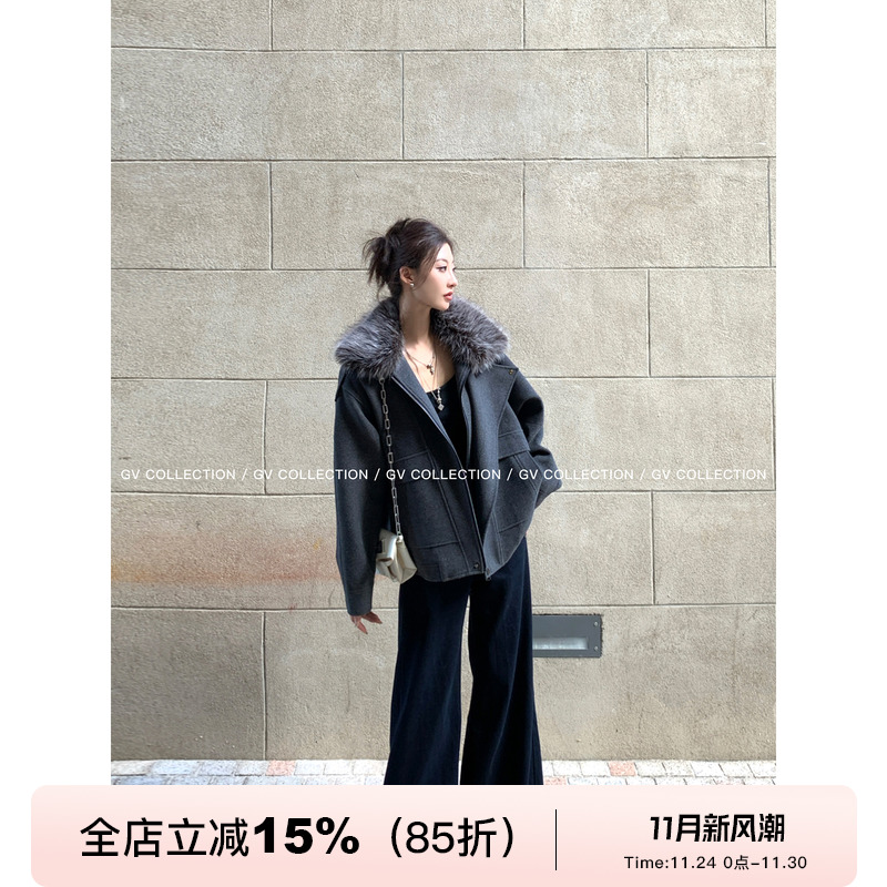 毛领可拆卸夹棉翻领立领呢子外套