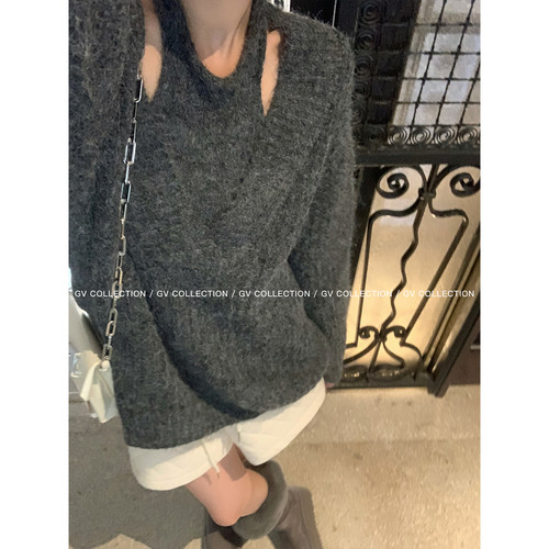 羊毛挂脖背心V领毛衣两件套套装