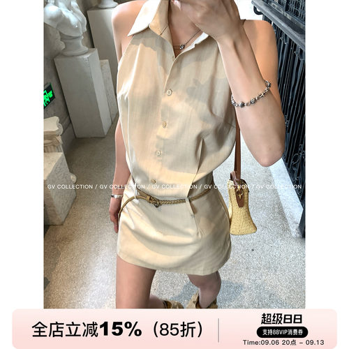 天丝亚麻立领收腰复古连衣裙