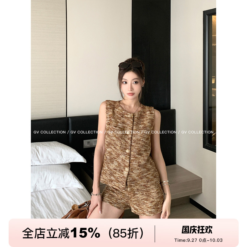 小香编织无袖马甲背心短裤套装