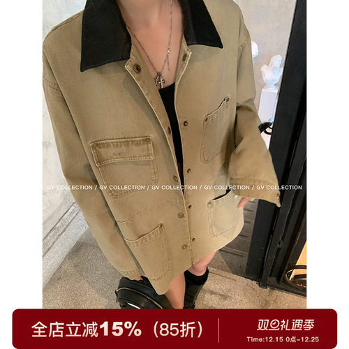 GV大白哥 重磅工装风 皮领撞色牛仔夹克外套街头风长袖上衣女春