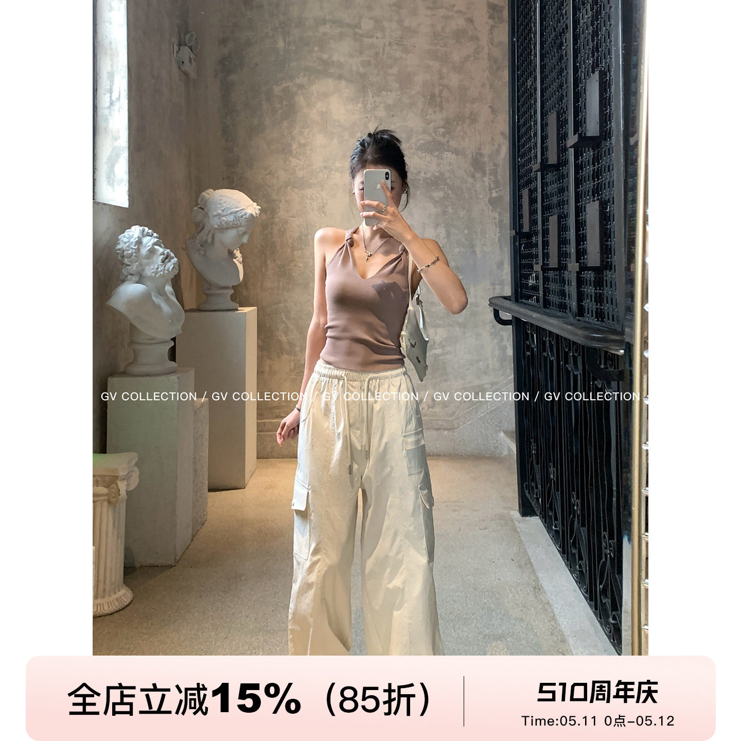 GV大白哥 轻薄呼吸 直筒抽绳薄款工装裤春夏新款百搭裤子女