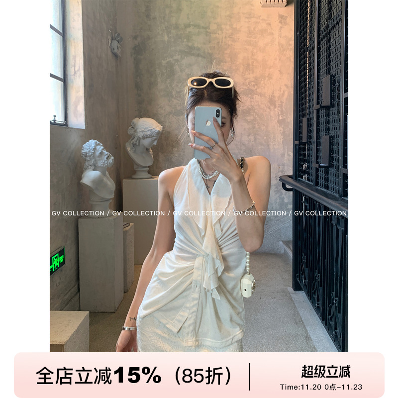 罗曼元素荷叶V领褶皱收腰背心