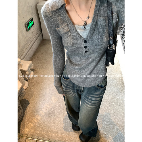 GV大白哥 简约都市 撞色polo翻领针织上衣慵懒风百搭小衫女内搭