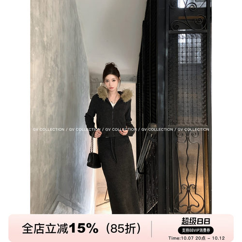 磨毛毛领加绒卫衣半裙两件套